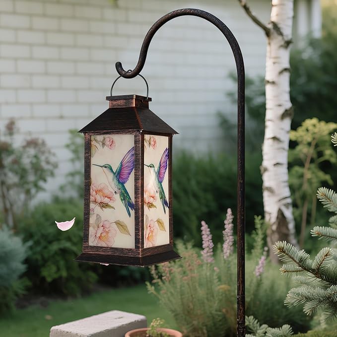 Homemory Hanging Solar Lanterns Outdoor Waterproof, Solar Hummingbird Lights with LED Flickering Flameless Candles, Gifts for Women Mom, Outside Lantern Decoration Garden,Yard,Patio,Lawn