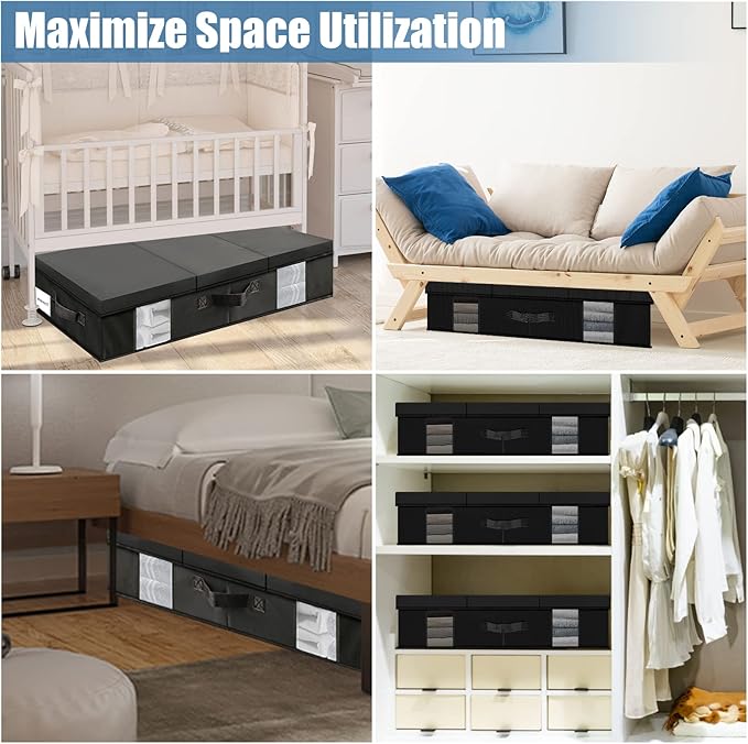 Underbed Storage Containers 3 Pack, Large Under Bed Storage Bins with Lids, Foldable Under the Bed Storage Drawer for Organizing Clothes, Shoes, Blankets, Pillows-PEVA Waterproof Material