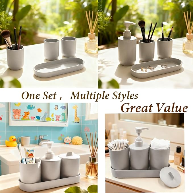 4-Piece Bathroom Organizer Set, Light Grey Plastic Countertop Storage with Toothbrush Holder, Lotion Soap Dispenser, Qtip Holder & Vanity Tray – Clean Bathroom Decor for Modern Spaces