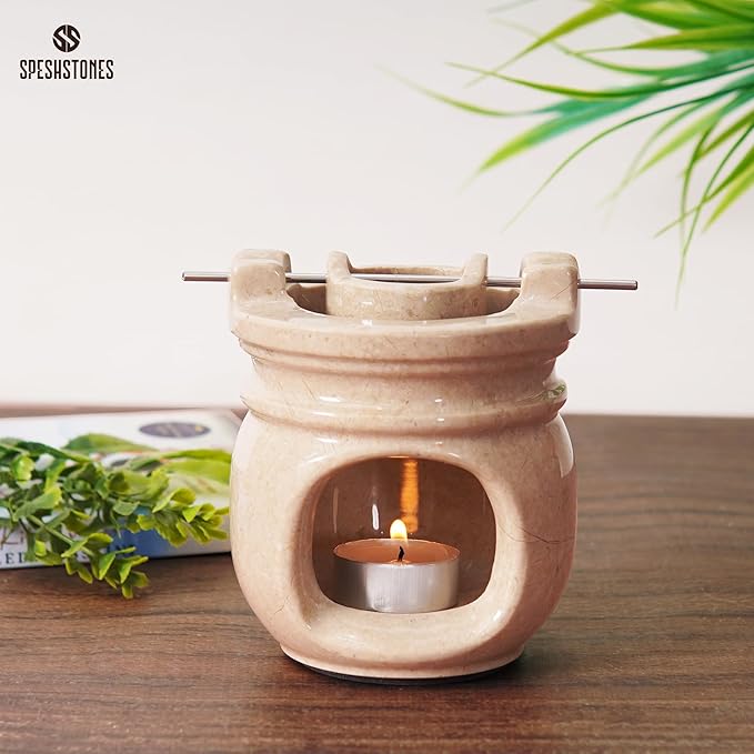 Marble Essential Oil Burner for Scented Oil 4.5 Inch Beige Wax Melt Warmer & Tealight Candle Holder for Home Decor, Stone Aromatherapy Diffuser for Office and Room Fragrance