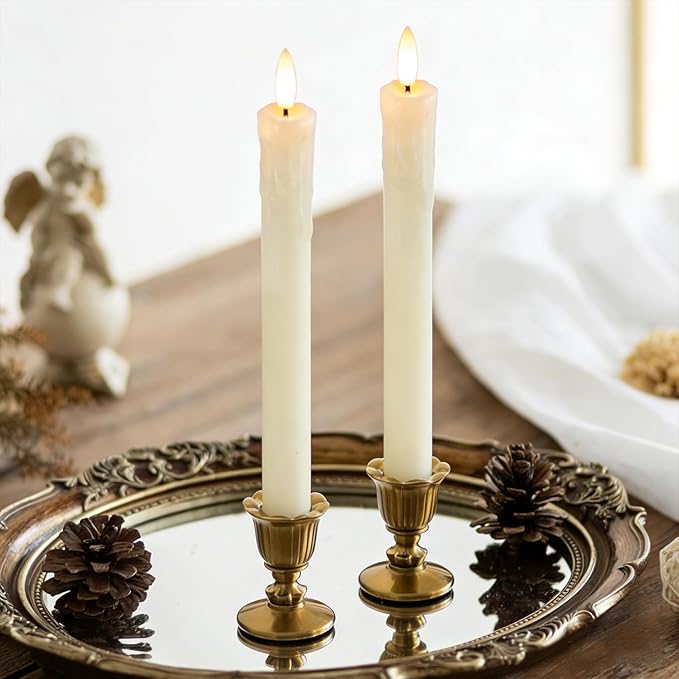 Lezonic Flameless Taper Candles with Remote Timer, Real Wax Battery Operated Flickering LED Fake Candles for Dining Table Centerpiece Wedding Christmas Mantel Decor, 0.8 x 9.5 inch