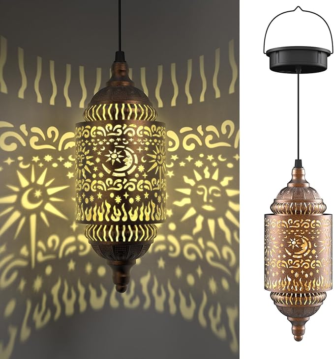 Moroccan Hanging Solar Lights Outdoor Garden Decor Sun and Moon Decorations Solar Lantern Waterproof for Patio Pathway Yard Backyard Garden Decorative (Cylinder, 1)