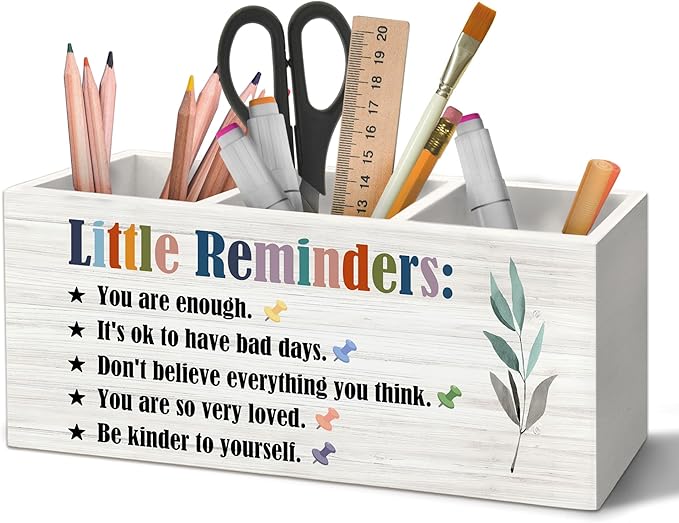 Little Reminders Inspirational Pen Holder Organizer for Desk Accessories, Positive Gifts, Mental Health Motivational Wooden Box Sign Desk Decorations for Home Bedroom Office Decor