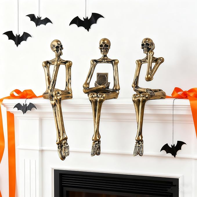XINXUAN Halloween Decorations Skull Statue Home Decor - Modern Bookshelf & Desk Decor - 3 Piece Set (Retro - Gold)