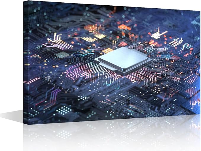 TUMOVO Canvas Wall Art for Bedroom Technology Digital Art Wall Paintings for Living Room CPU Concept Office Modern Wall Art Pictures Print On Canvas Giclee Framed Ready to Hang, 24x16in