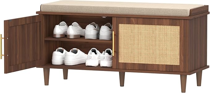 Rattan Shoe Storage Bench with Cushion, 2-Tier Entryway Bench with Adjustable Shelves and 2 Doors, 15" D x 39.4" W x 20" H, Solid Wood Legs, for Hallway, Living Room, Bedroom, Walnut