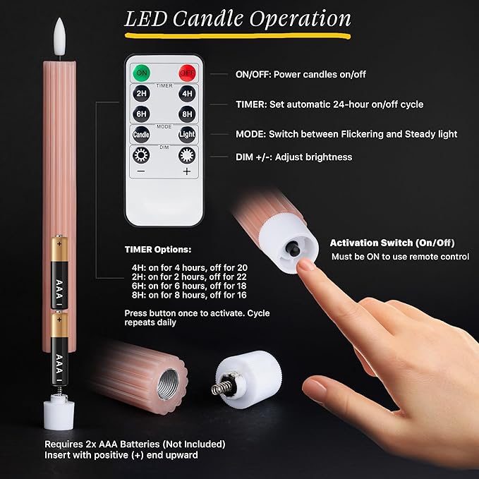 12 Pack, 10" LED Flameless Dusty Rose Fluted Ribbed Grooved Taper Candles, Remote & 24h Timer Memory, On/Off Button, Dimmable, Flicker Mode, Battery Operated, Christmas Menorah Wedding