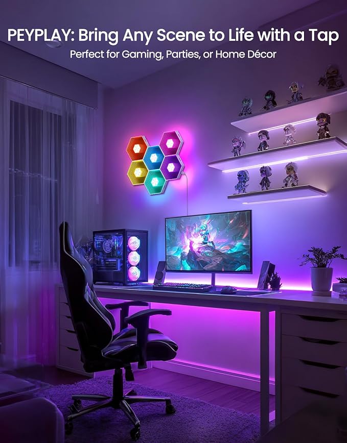 Hexagon Quantum Lights – Modular DIY Wall Panels, RGB+IC 16M Colors with Music Sync, APP & Remote Control, Immersive Lighting for Gaming Rooms, Home Decor, Parties and Gifts