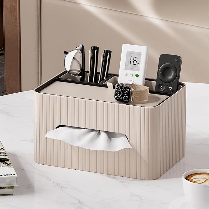 KINGFOM Leather Tissue Box Cover with Storage Tray, Decorative Tissue Box Holder Organizer for Office Desk, Bedroom & Nightstand, Remote Control Holder for Perfume, Watch, Glasses, Pens (Mocha Beige)