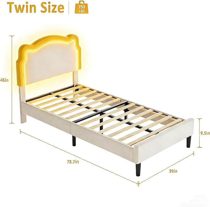 GarveeHome Twin Upholstered Smart LED Bed Frame with Headboard, Velvet Princess Platform Bed Frame for Kids, Wooden Slats Support, No Box Spring Needed (Off-White)