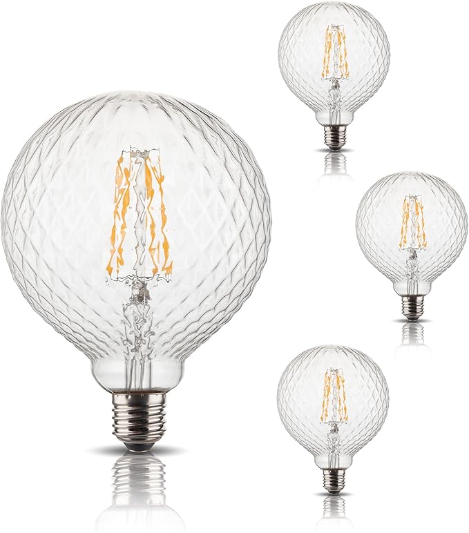 Edison Filament Bulb Pineapple Faceted, Vintage Light Bulbs Clear Crystal, G125 Large Round LED Bulbs, 4W Dimmable E26 Medium Base, Decorative Cut Glass Lights, 4 Pack