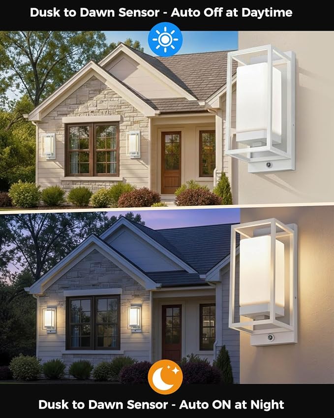 RAYVO Modern Outdoor Wall Light with Dusk to Dawn Sensor, Waterproof Exterior Lighting Fixtures with E26 Base, 3000K LED Bulb Included, Outdoor Sconce Lights for Porch Garage Entryway