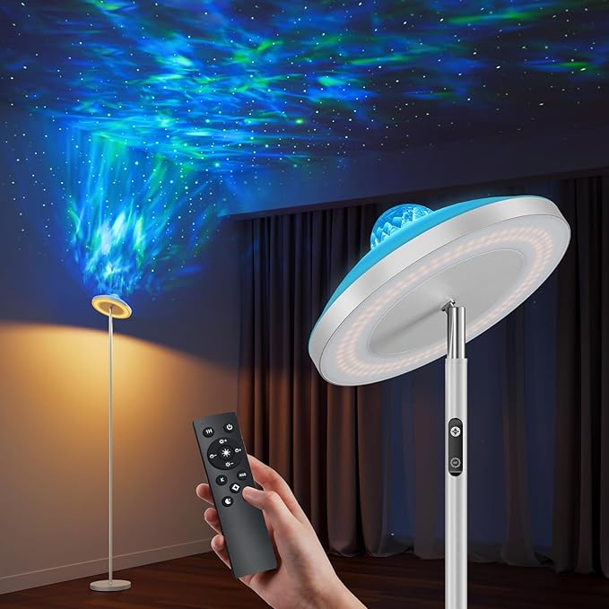 DUSKTEC Floor Lamp with RGB Star Projector, 15W 1400LM Dimmable 4 Color Temperatures LED Standing Lamp with Remote, Modern Tall Corner Lamp for Living Room, Bedroom, Office (White)