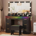 44" Vanity Desk with 38" Large Mirror and 9 LED Lights & Glass Top and Power Outlet, Makeup Vanity Set with Drawers & Chair and RGB Ambient Light, Desk Table for Girls, Modern Black