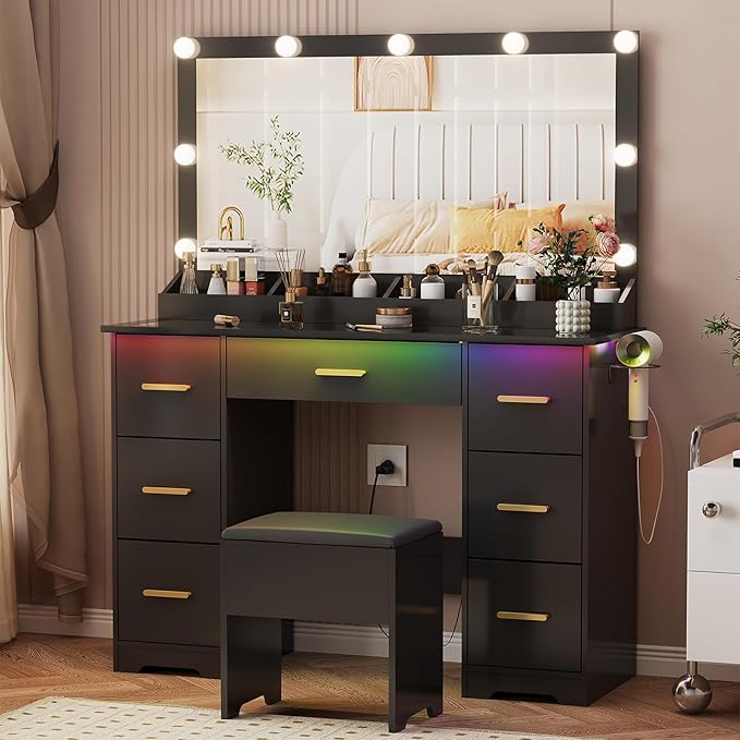 44" Vanity Desk with 38" Large Mirror and 9 LED Lights & Glass Top and Power Outlet, Makeup Vanity Set with Drawers & Chair and RGB Ambient Light, Desk Table for Girls, Modern Black