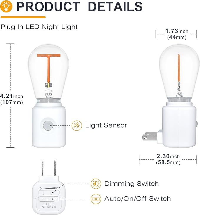 Motion Sensor Night Light, Dimmable Night Lights, 2200K Amber Warm, Plug-in Motion Sensor Light for Kids Room, Bedroom, T-Type, 1-Pack
