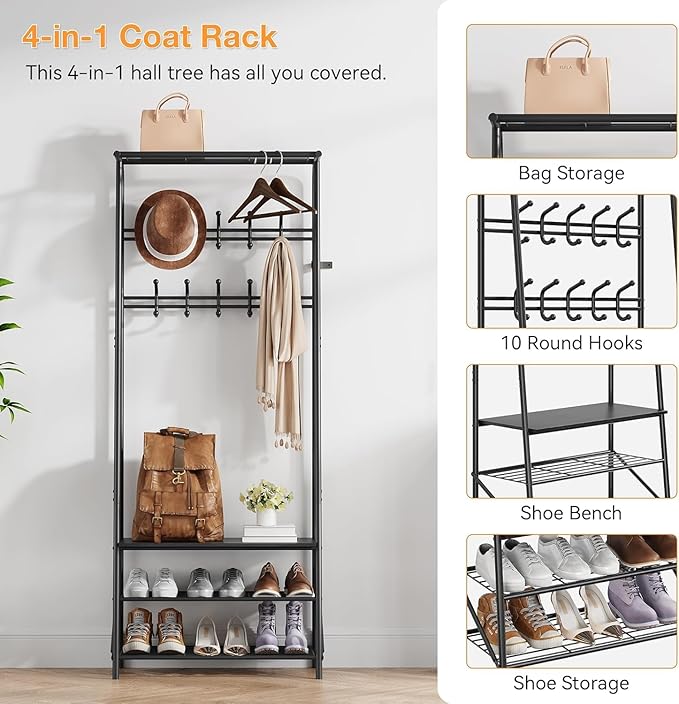 Entryway Hall Tree with Shoe Rack, Hall Tree Coat Rack with Hooks, 25” Freestanding Metal Coat Rack with Shoe Storage, Compact Entryway Organizer for Hallway and Bathroom