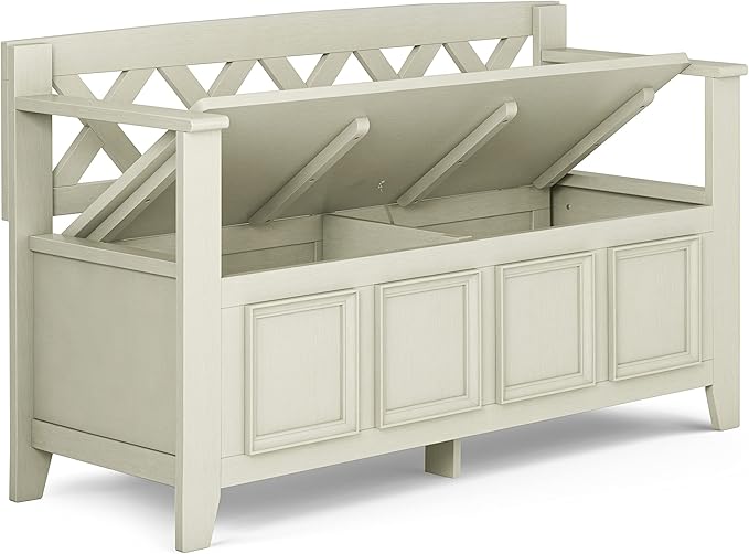 SIMPLIHOME Amherst Entryway Storage Bench - 48 inch Wide Solid Wood Hallway Seat in Antique White, Transitional Bench for Entryway or Living Room with Lift-Up Lid and Spacious Storage