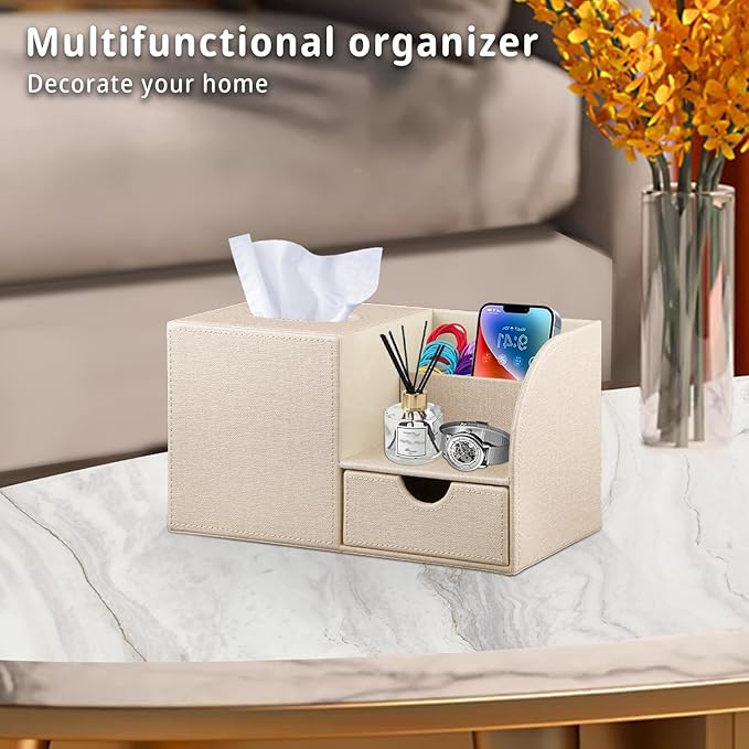 YAPISHI Square Tissue Box Cover with Storage Drawer, PU Leather Facial Tissues Cube Boxes Holder Modern Makeup Remote Control Holder, Nightstand Organizer Caddy for Bathroom Vanity, Office, Home Decor