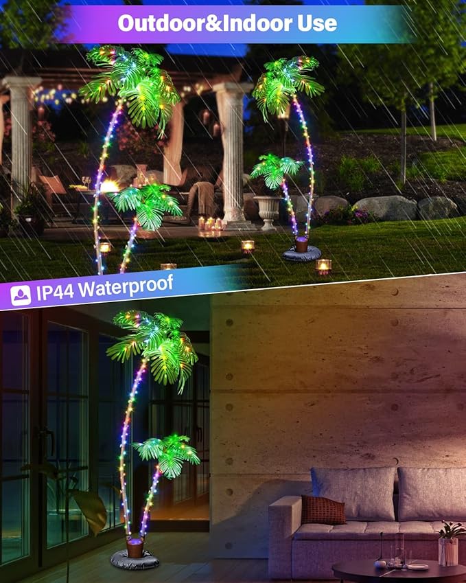 7FT Smart LED Artificial Palm Tree with App Control - DIY Color Changing Outdoor Palm Tree with Music Sync, Timer & Remote - Waterproof Pre-Lit Tropical Decor for Patio Pool Party Tiki Bar, 2 Trunks