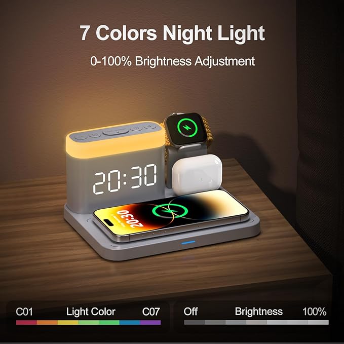 ANJANK Wireless Charging Station with Alarm Clock & Night Light,Magnetic 5 in 1 Charger Stand for Multiple-Device,Charging Dock for iPhone 17 16 15 14 13 12 Pro Max Plus,Apple Watch,Airpods,Nightstand