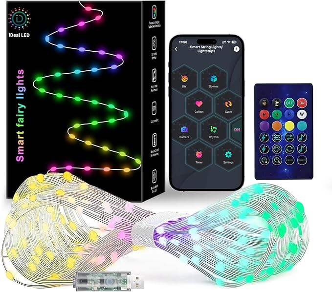 Smart Fairy String Lights, 33Ft Usb DIY Twinkle Lights w/Remote & App Controlled, music sync,12 Modes, Multicolor & Warm White for Bedroom, Christmas, Parties,Wedding,Centerpiece, Decoration