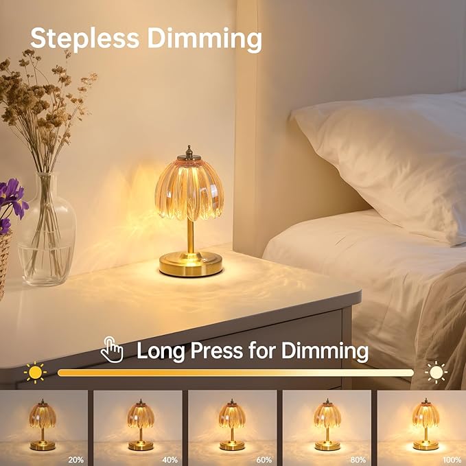 Set of 2 Tulip Table Lamp with 5200mAh Battery & Touch Control, Cordless Small Table Lamp with 3 Colors, Rechargeable Battery Operated Table Lamps for Nightstand, Bedroom (Amber Tulip)