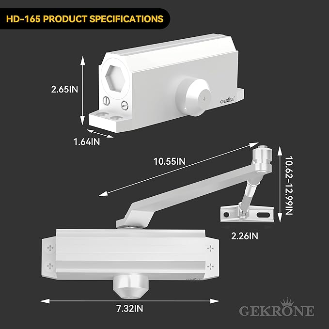 Automatic Door Closer Heavy Duty Spring Size 2 Hydraulic Aluminum Alloy UL 3-Hour Fire Rating Surface Mounted Home Commerical Door Closures Hold Open Adjust Speed Door Weights 88-144 Lbs