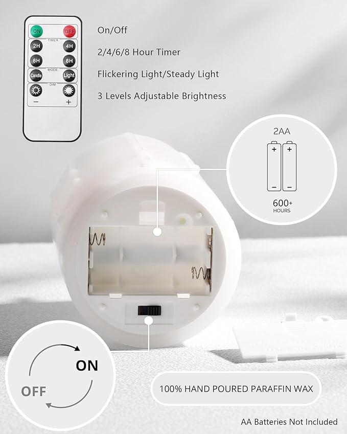White Flameless Candles with Remote and Timer, Real Wax Made Wax Drip LED Pillar Candles Battery Operated with 3D Flickering Flame Melted Top - 3" x 4",5",6" - Set of 3