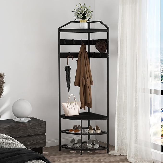 GiftGo Corner Hall Tree with Shoe Bench Entryway Coat Rack with 10 Metal Movable Hooks Freestanding Clothes Rack Shoes Shelf Organizer for Home Office Bedroom (Black)