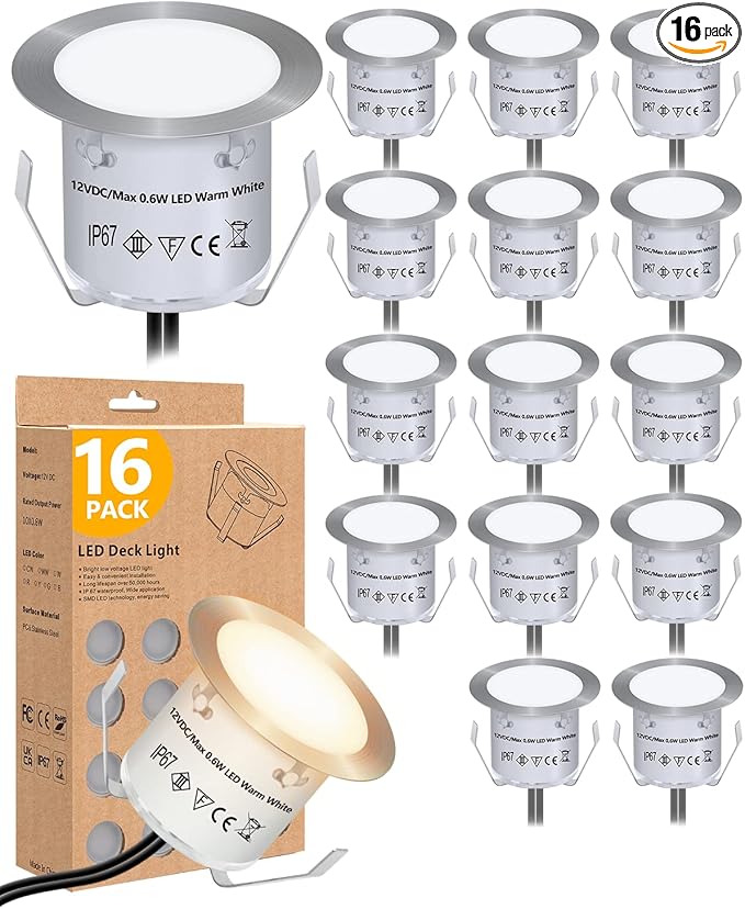 HIBOITEC Recessed LED Deck Light Kits(16Pack), 12V Low Voltage Landscape Lighting IP67 Waterproof Outdoor Step Stair Lights Warm White Deck Lighting for Garden Yard Steps Stair Patio Floor Decoration
