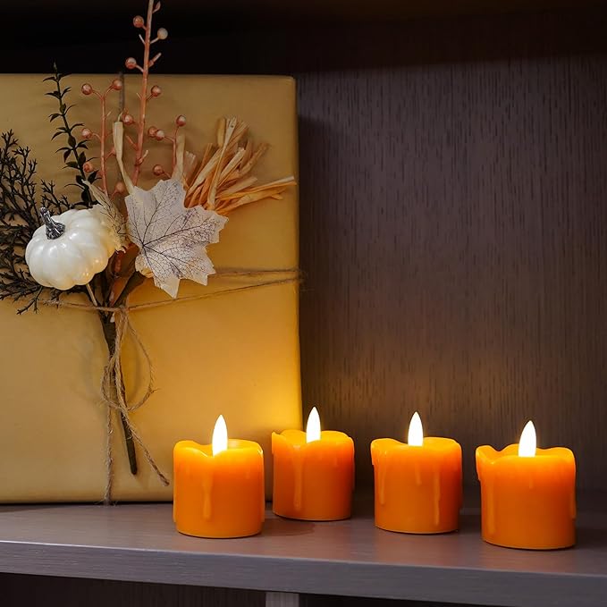 Rhytsing 2 inches Orange Flameless Votive Candles Real Wax Dripping Design, LED Faux Battery Operated Tealight Candles with Timer for Fall and Halloween, Batteries Included - Set of 4