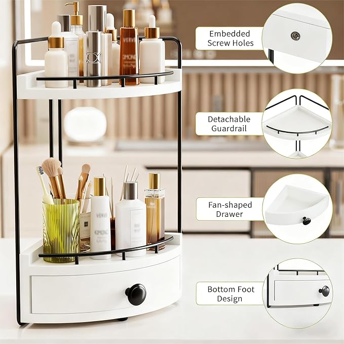 2-Tier Corner Bathroom Countertop Organizer with Drawer, Wooden Vanity Organizers for Makeup and Skincare Storage, Corner Counter Shelf with Embedded Screw Holes, White