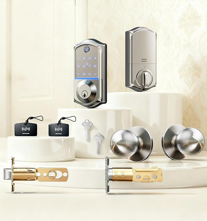 Veise VE017-K Fingerprint Smart Lock with 2 Knobs, App Control, Keyless Entry Front Door Lock Set, Electronic Touchscreen Keypad Deadbolt, Emergency Power Port, Easy Install, Auto-Lock, Satin Nickel