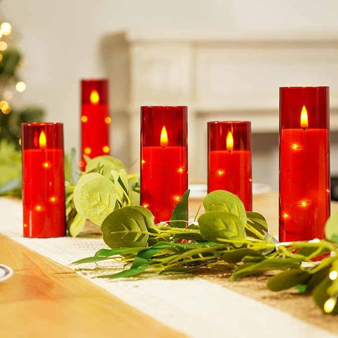 Homemory 12Pcs Flameless Candles with Star String Fairy Lights, Flickering Battery Operated Candles, LED Fake Candles with Remote and Timer, Christmas, Weddings, Home Decor, Red
