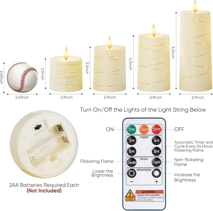 Raycare Flameless Candles with Remote Timer, Flickering Battery Operated LED Pillar Fake Candle with String Lights for Home Decor, Christmas, Wedding and Gift, Ivory, Set of 5