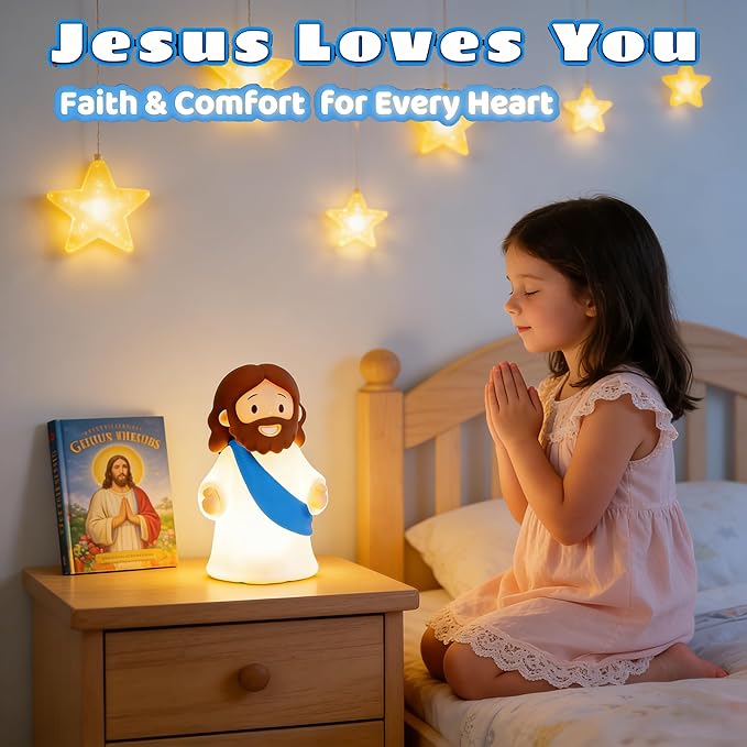 Jesus Night Light Rechargeable Bedside Lamp, Dimmable Silicone LED Religious Gift & Decor, Portable & Cordless for Baptism, Sunday School & Church Gathering Gifts, Christmas and Easter Holiday Gifts