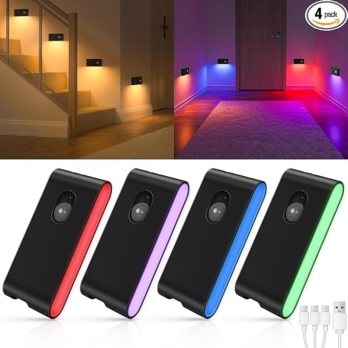 WILLED Stair Lights Indoor Rechargeable,RGB & Warm White Color Changing Night Light,Wireless Motion Sensor Lights Indoor for Stair,Bathroom,Hallway,Kitchen,Closet,Cabinet,Bedroom,Kids' Room