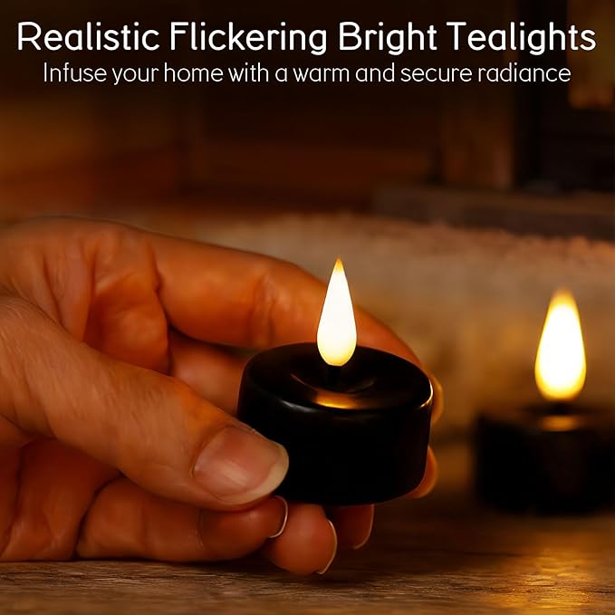 Eywamage Black Flameless Tealights with Remote Batteries, Real Wax Flickering LED Tea Votive Candles Set of 10