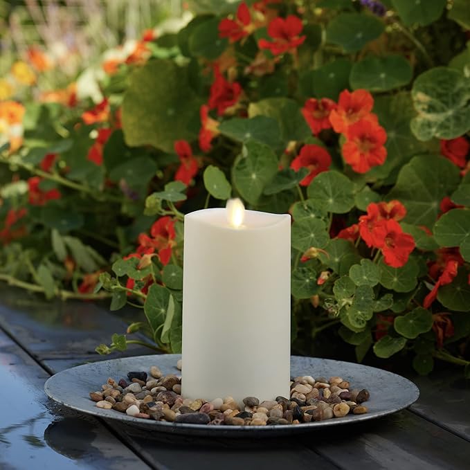Luminara Outdoor Flameless LED Ivory Candle Melted Edge 3.75" x 7" Real Moving Flame Battery Operated Timer Plastic Weather-Resistant