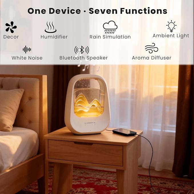 Rain Drop White Noise Machine with Realistic Rain Sounds – Sleep Therapy Humidifier, Bluetooth Speaker, Ambient Light & Aroma Diffuser for Bedroom Relaxation, Meditation & Stress Relief(Beige)