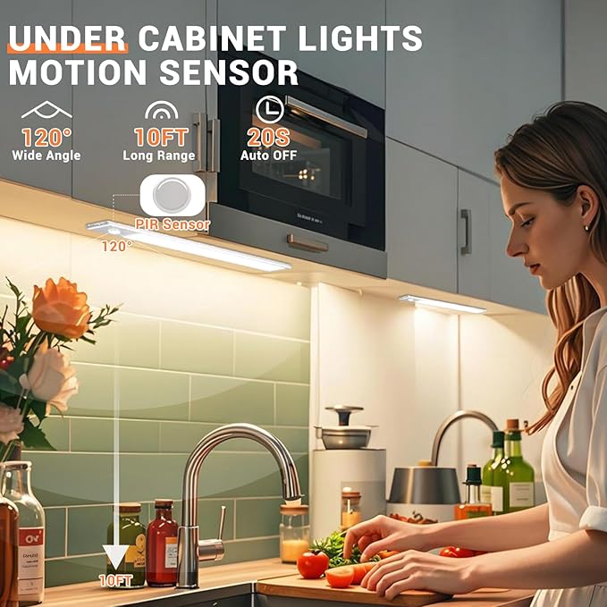 Under Cabinet Lights, 88 LED Motion Sensor Light, 2200mAh USB Rechargeable, Magnetic Dimmable Closet Lights, 3 Color Temperature, 2 Pack for Kitchen, Stairs, Closet (12inch-2Pack)