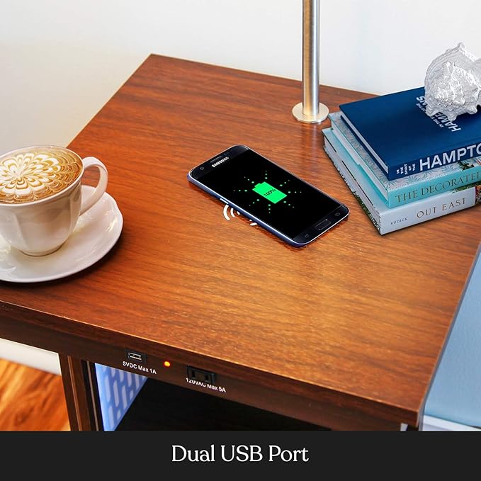 Brightech Madison Side Table with Lamp Combo, Desk Lamp with Wireless Charging Pad and USB Port, Bedside Reading Lamp, Nightstand Lamp with LED Bulb for Bedroom, Living Room, Office - Havana Brown
