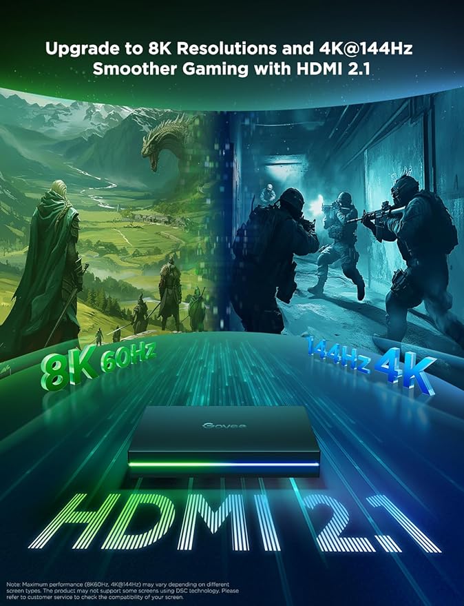 Govee HDMI 2.1 Sync Box Kit 2, Includes AI Sync Box, Light Bars, and Monitor Backlight, Supports 8K@60Hz, 4K@144Hz, VRR and ALLM, Works with Matter and Alexa, RGBIC Light Strip for 27-34 inch Monitor