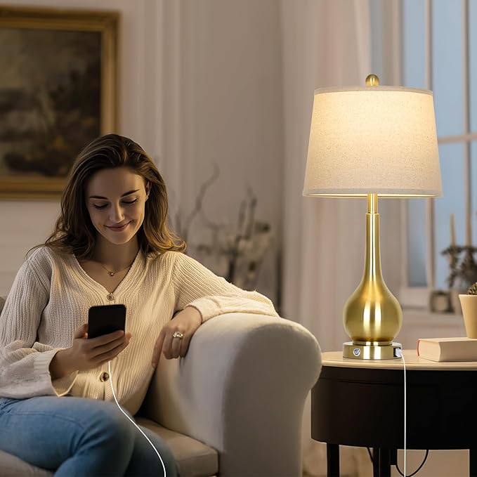 26" Gold Table Lamp for Living Room Single, Touch Control Bedroom Lamps for Nightstand, 3-Way Dimmable Bedside Lamp with USB A+C Port (1 Pack)