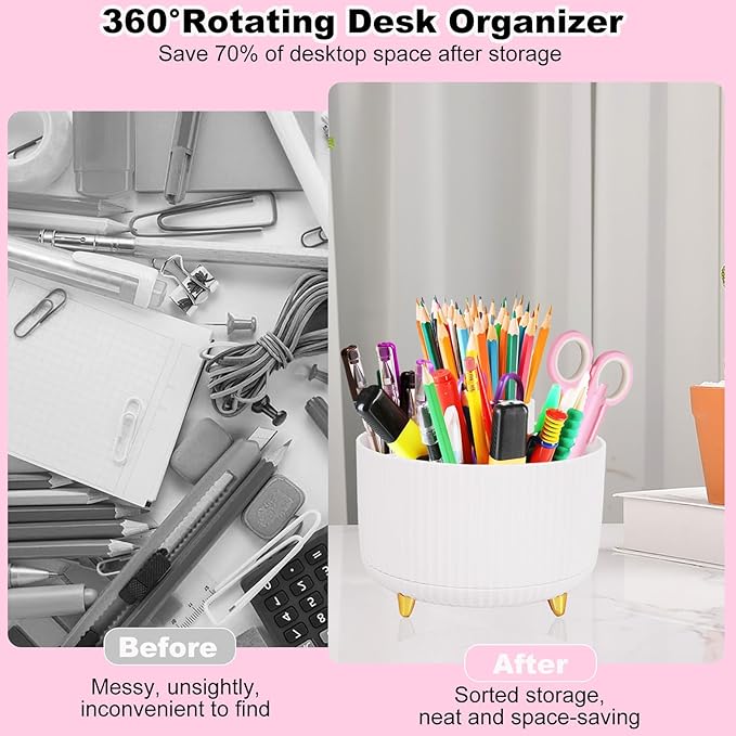 White Desk Organizers and Accessories Set with 360-Degree Rotating Pen Holder, Tape Dispenser, Stapler, Staple Remover, 1000 Staples, Tape, Clips Set, Ruler, Scissor, Pen