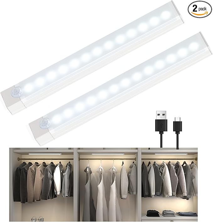 8inch Under Cabinet Lighting, 2 Pack Pantry Lights Motion sensored,3 Modes & Dimmable Stick-On Wireless Closet Lights for Kitchen, Stairs, Cabinet (White)