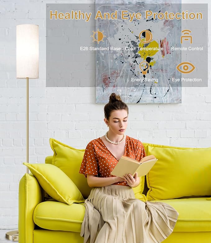 luckystyle LED Floor Lamp for Living Room, Dimmable Standing Lamps with Foot Switch,Remote Custom Color Temperature Gold Pole Lamp with Lampshade,12W Led Bulb Tall Lamps for Bedroom Office Kid Room