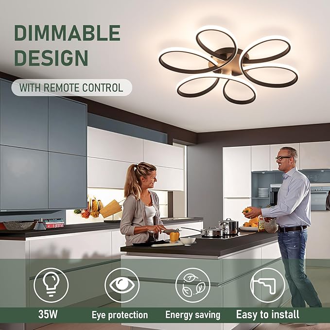 26inch Modern LED Ceiling Light, 6 Rings Flower Flush Mount Light Fixture with Remote Control Black Dimmable Ceiling Lamp for Living Room, Bedroom, Dining Room, Hallway, Kitchen