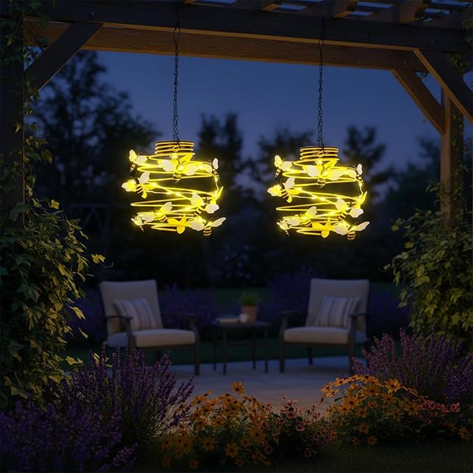 2 Pack Bee Solar Lights Outdoor Garden Decor,Bee Decorations Hanging Solar Lantern,Hanging Garden Decor for Outside Patio Yard Porch Pathway,Outdoor Gifts for Women